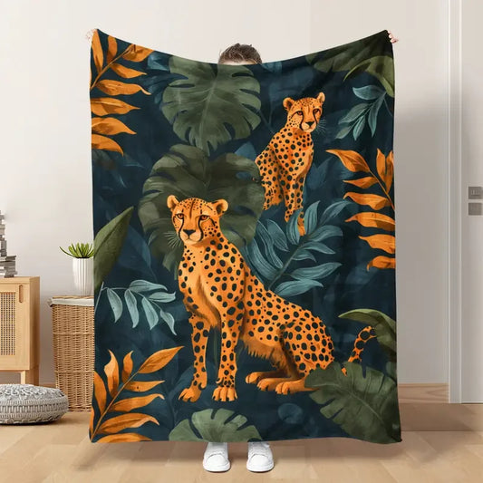 Cozy Leopard and Tropical Forest Pattern Flannel Blanket - Lightweight and Warm for Sofa, Travel, Bed - Halloween Christmas