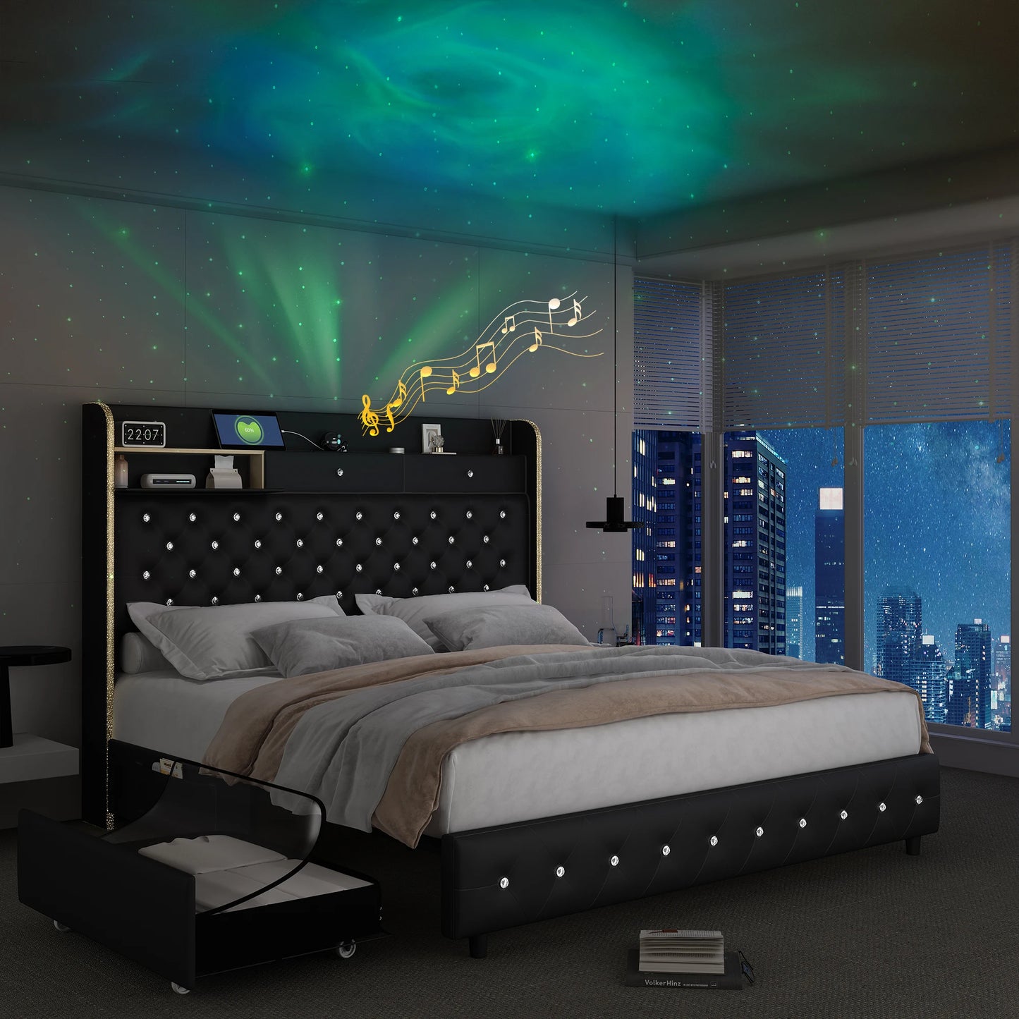 LED Bed Frame with Galaxy Star Projector, 2 Drawers, 52" PU Headboard with Charging Station, Noise Free, No Box Spring