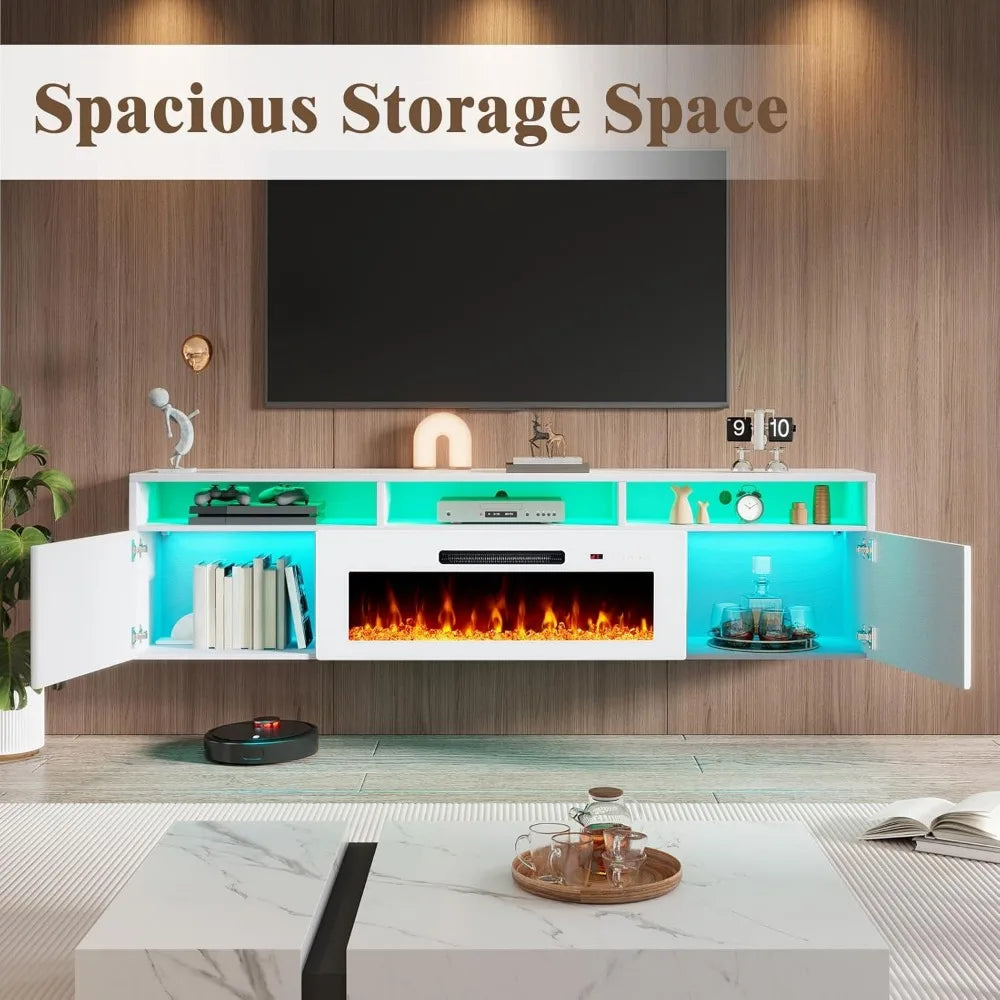 80 inch Floating TV Stand with 40" Electric Fireplace, Wall Mounted Electric Fireplace Entertainment Center with Storage Space,