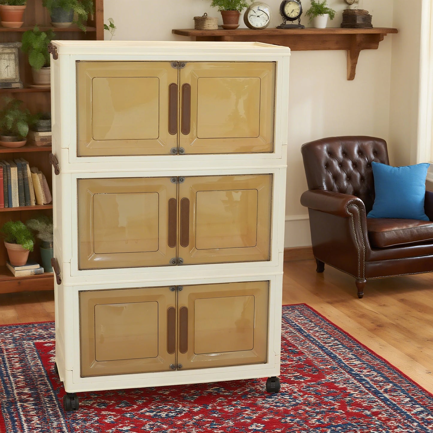 Foldable storage cabinet with stackable storage box, transparent magnetic door + universal wheels + stackable design