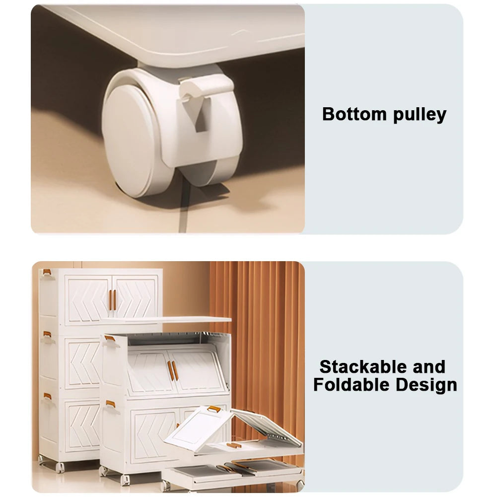 4 Tier Stackable Box Organizers Foldable Organization with Doors and Wheels Folding Storage Cabinet Shelf for Home Office Dorm
