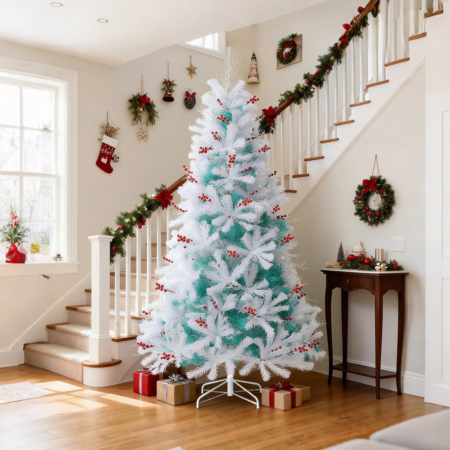 6FT–7FT Pre-Lit Snow Flocked Artificial Christmas Tree . Premium Holiday Tree with Warm White Lights  Description: