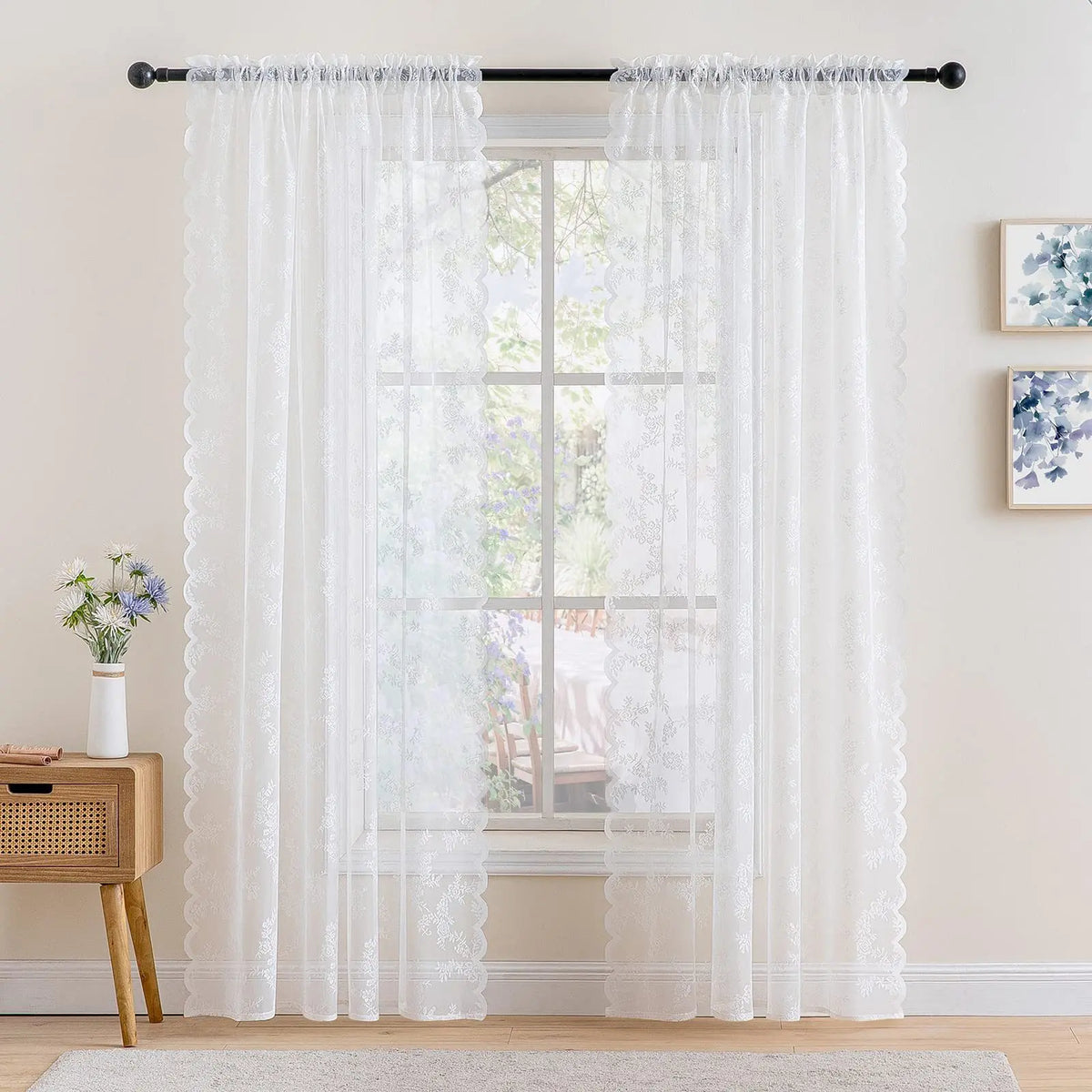 2-Piece Elegant Sheer Curtains | Wave Lace Trim Window Panels