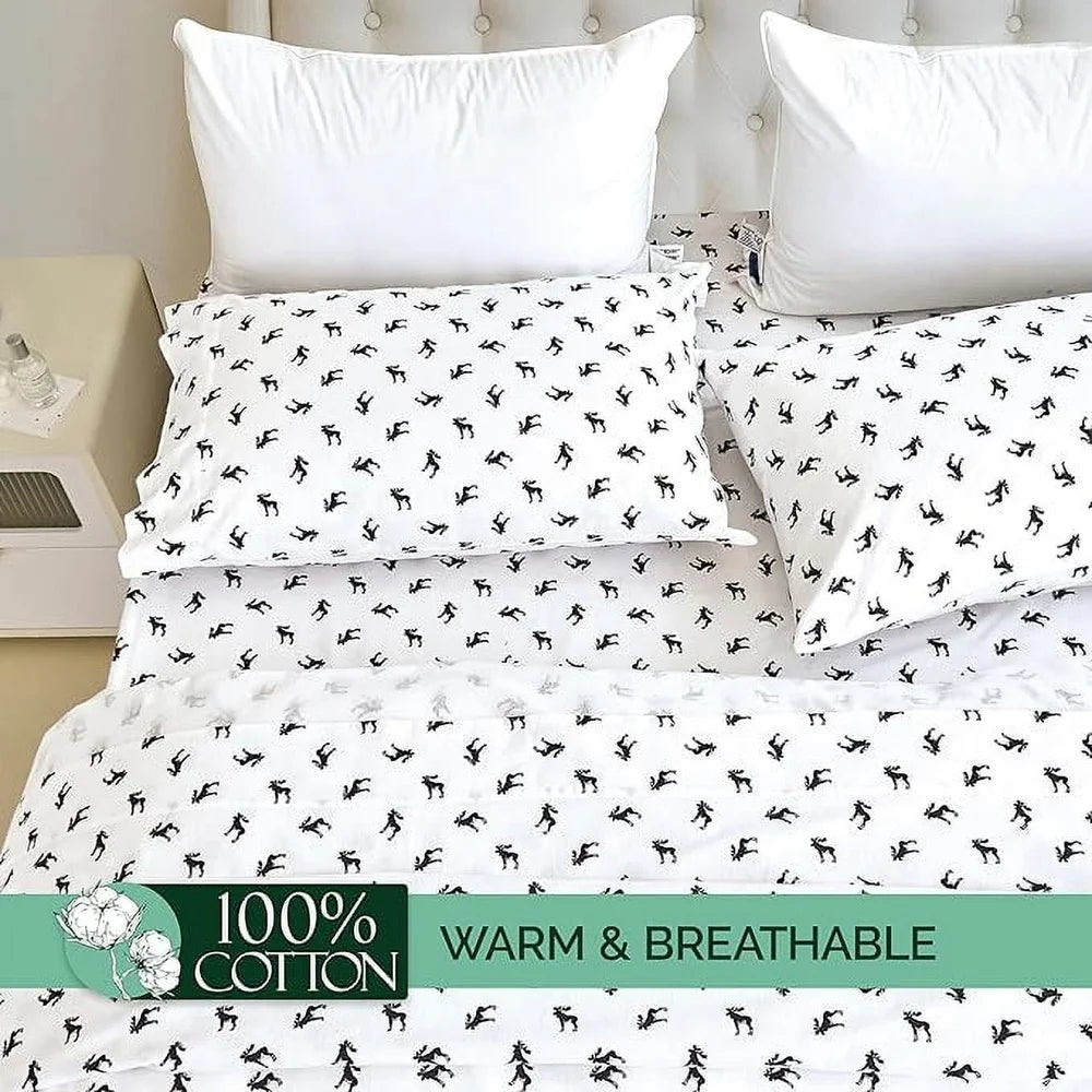 4 Piece King Flannel Cotton Sheet Set Deep Pocket Breathable Cozy Christmas Bedding Soft Durable Black Elk Pattern