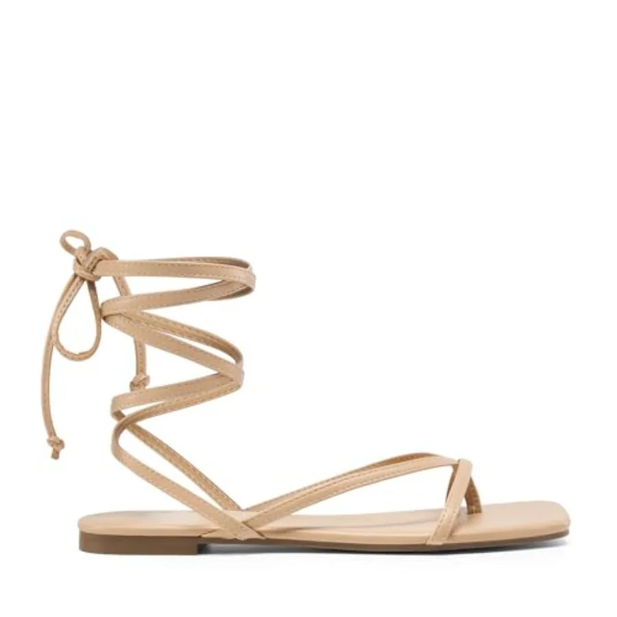 DREAM PAIRS Womens Strappy Flat Sandals - Comfortable Lace Up Gladiator Dressy Sandals, Square Toe Tie Up Walking Sandal, Summe