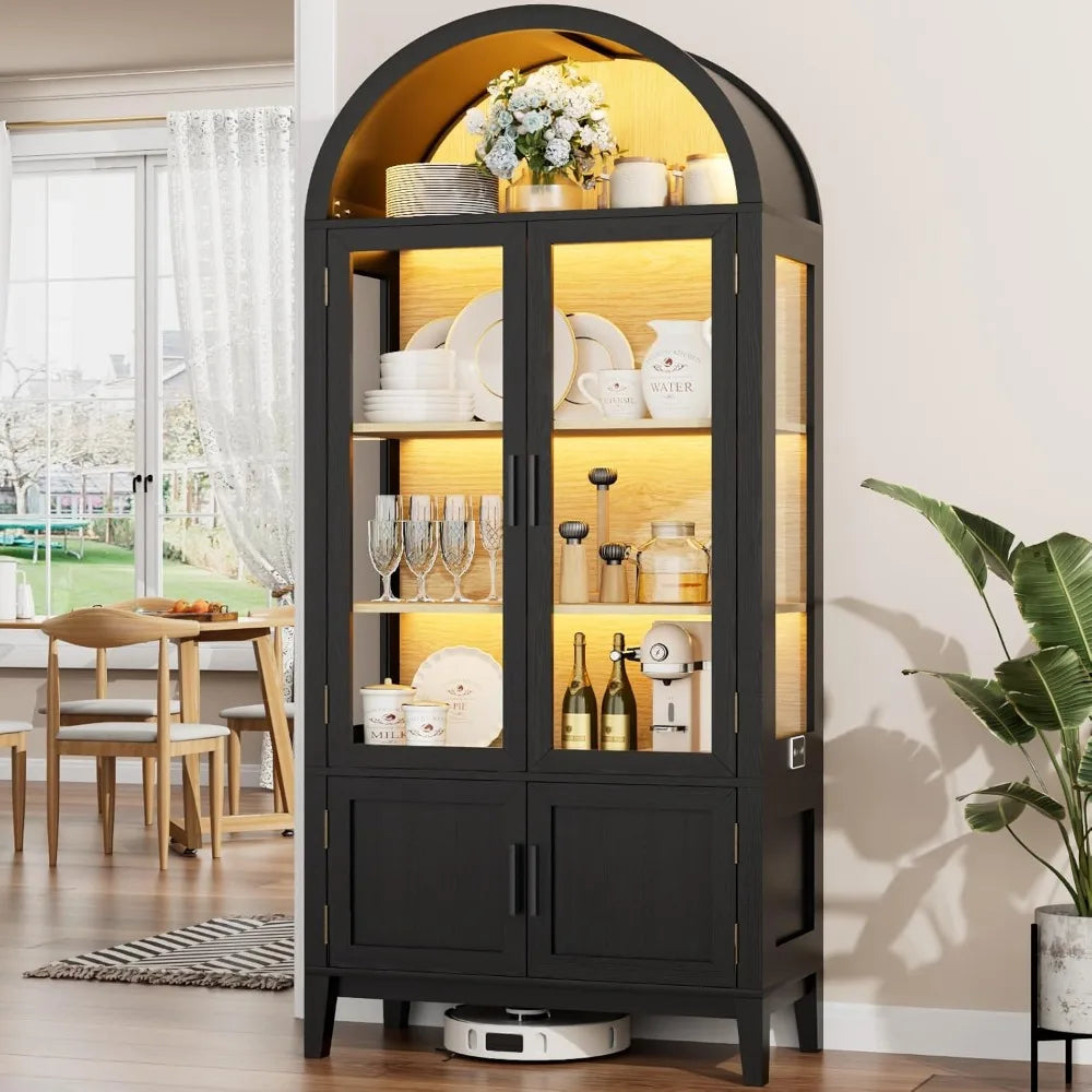 71-inch Kitchen Pantry Cabinet with Arched Bookcase, Glass Doored China Storage Cabinet and Shelves, Human Body Sensor, Versati