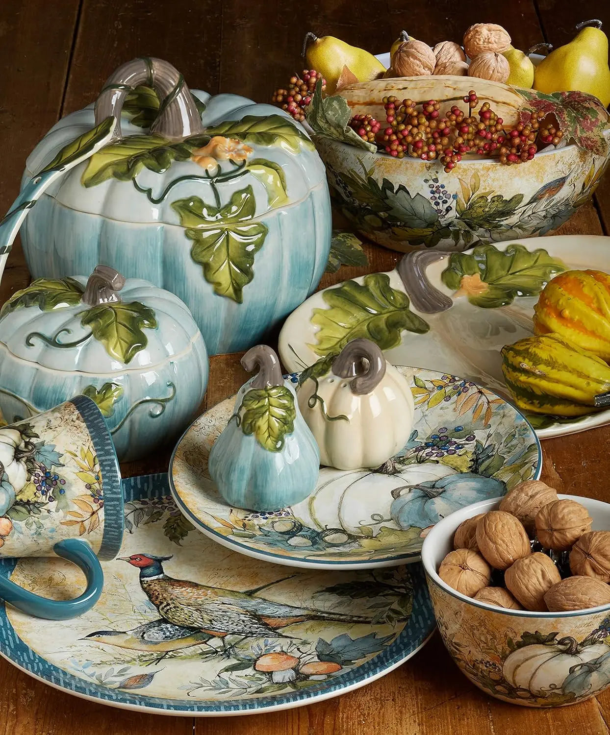Harvest Gatherings 16-Piece Ceramic Dinnerware Set, Service for 4 - Multicolor Fall Plates, Bowls & Mugs with Pumpkin & Pheasant