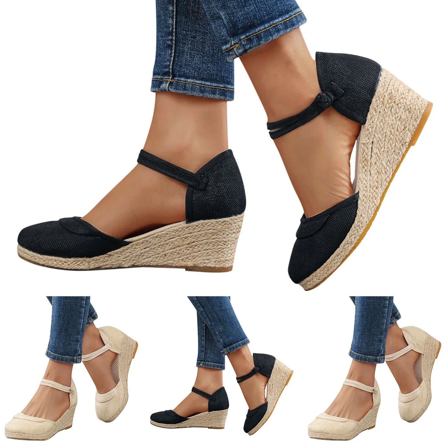 Womens Retro Plain Wedge Sandals Ladies Espadrille Summer Fashion Breathable Ankle Strap Sandals Casual Chunky Beach Sandals