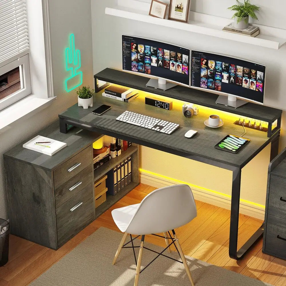 L-Shaped Gaming Computer Desk Home Office Desk File Drawers