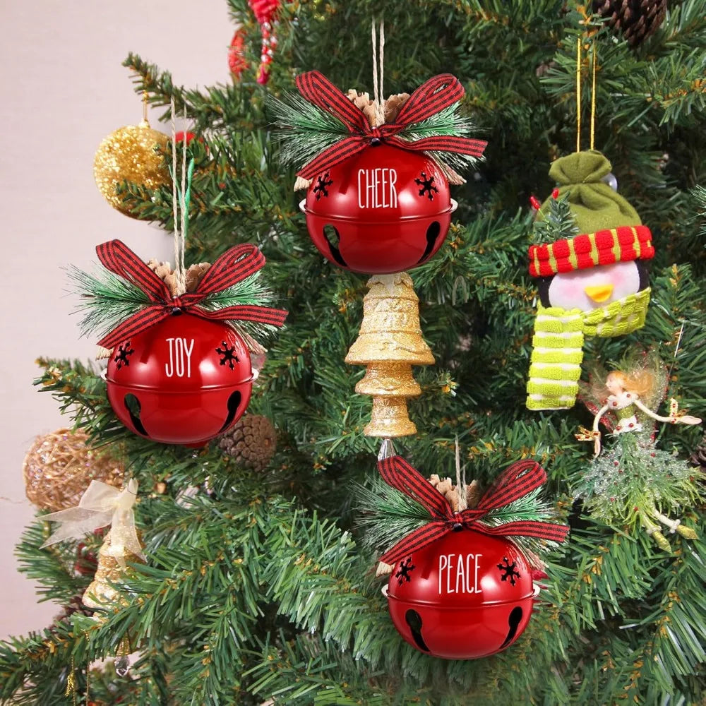 Aoriher 9 Pcs Christmas Bells Ornament 3.1" Rustic Christmas Jingle Bell Sleigh Letter Bells with Pine Cones Plaid Bow for Decor