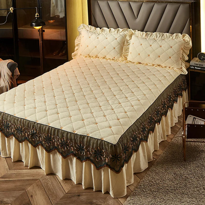 Luxury Plush Quilted Bedspread Set with Embroidered Trim