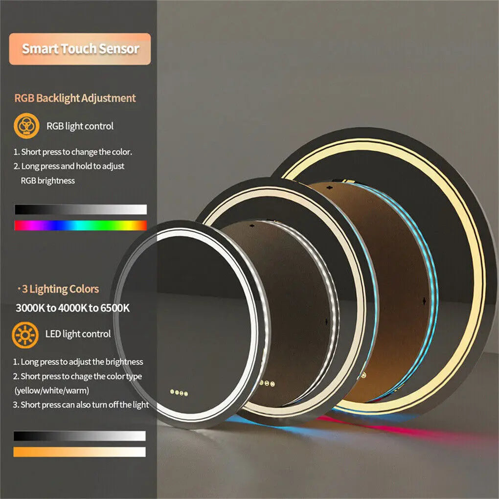 Round Bathroom Mirror with LED Light Dimmable Illuminated Wall Mirror with 8 RGB Backlit 3 Front Color Smart Anti-fog Memory