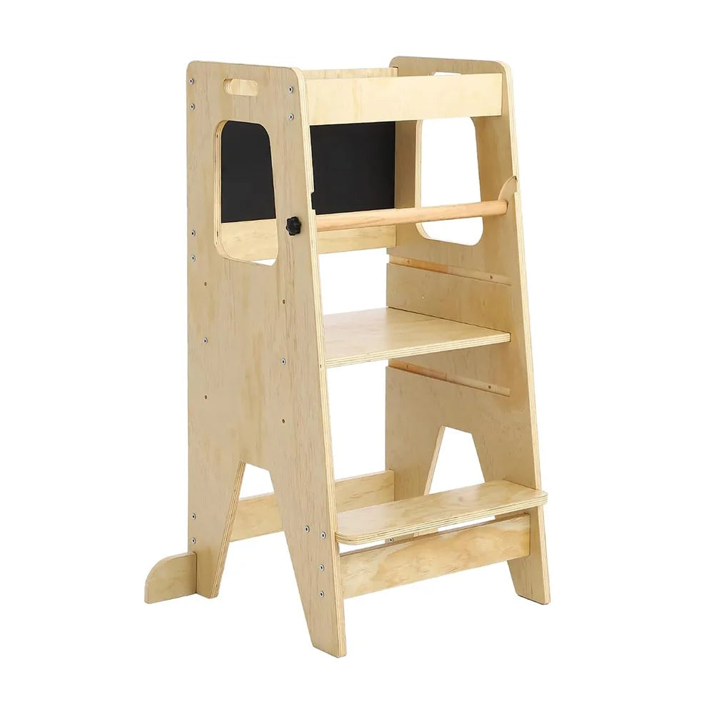 Wooden Kids Kitchen Step Stool with Blackboard & Safety Rails | Adjustable Montessori Learning Helper for Toddlers