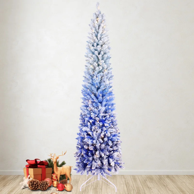 7FT Blue Gradient Flocked Pencil Christmas Tree with 300 Warm White LED Lights . Slim Space-Saving Holiday Tree