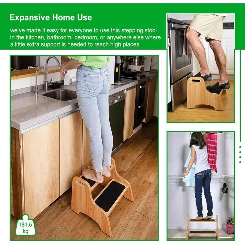 Wooden 2 Step Stools for Kids, Toddler with Non-Slip Stepping Surface, Portable Stool with Handles
