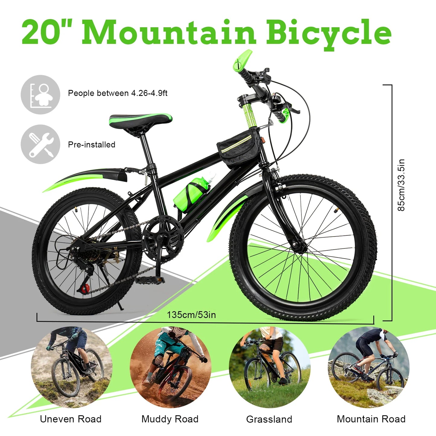 20-Inch 7-Speed Mountain Bike . Kids Bicycle with Adjustable Seat, Front Suspension & Dual Disc Brakes