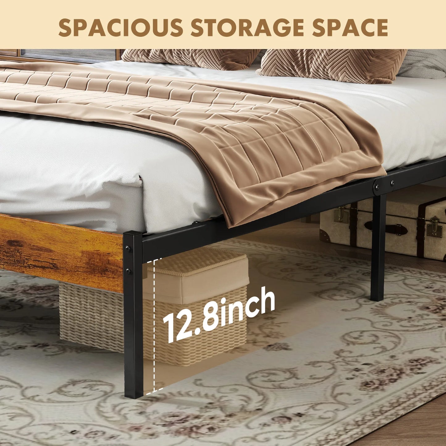 Rustic Wooden Headboard Metal Platform Bed Frame with 700LB Support