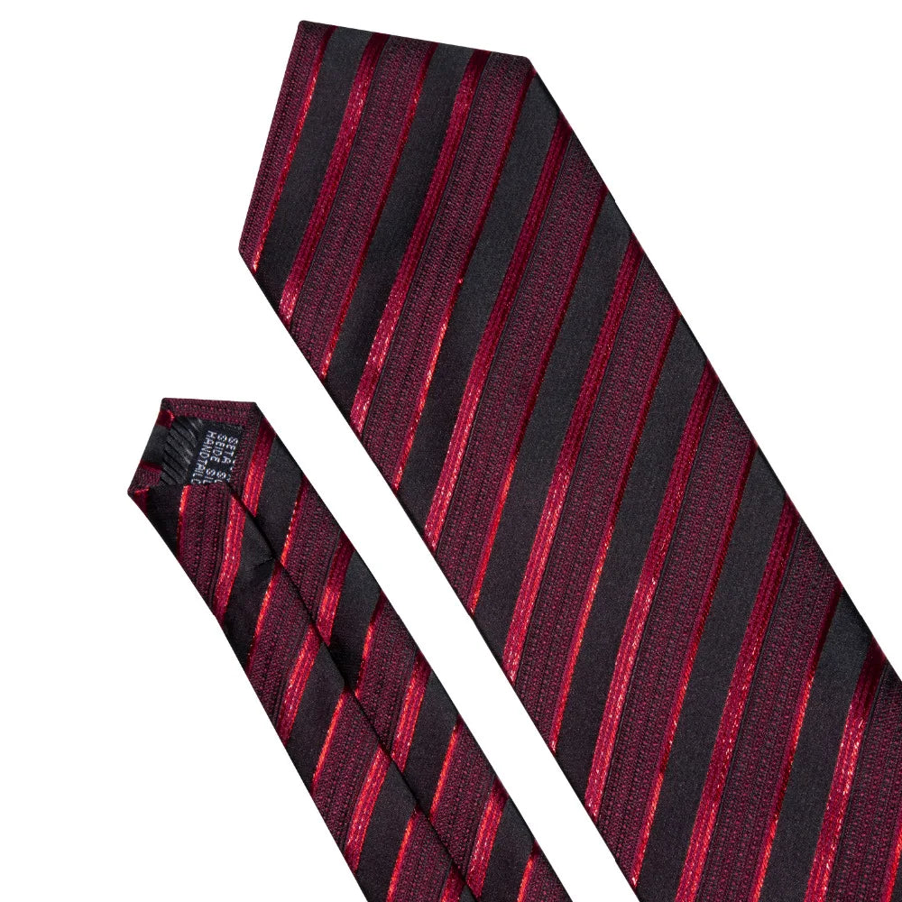 Men’s Luxury Red Striped Necktie Set. Silk Tie, Pocket Square & Cufflinks for Business, Wedding & Formal Wear