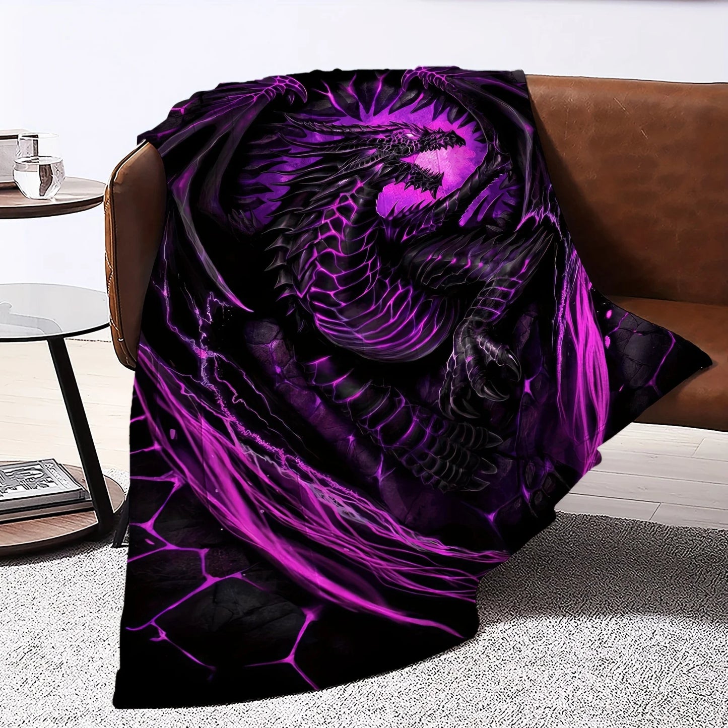 [Dragon Print Flannel Gift Blanket] 1 piece gothic dragon print flannel blanket, gift square blanket is soft and comfortable, su