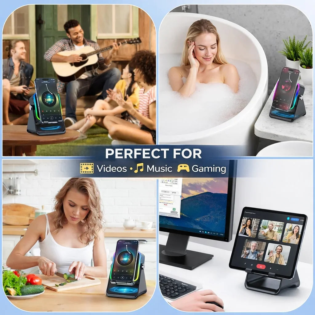 5-in-1 Wireless Charging Speaker Phone Stand with RGB Light and Bluetooth Audio