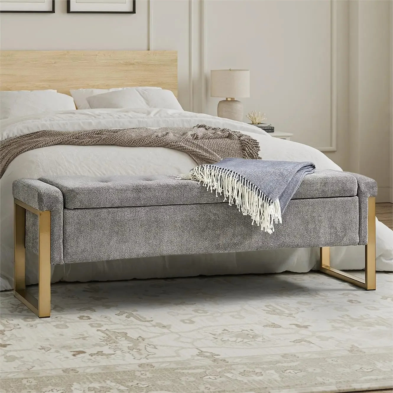 Modern Storage Ottoman Bedroom Bench, End of Bed Bench with Gold Metal Legs, Upholstered Footrest Stool for Living, Dining Room