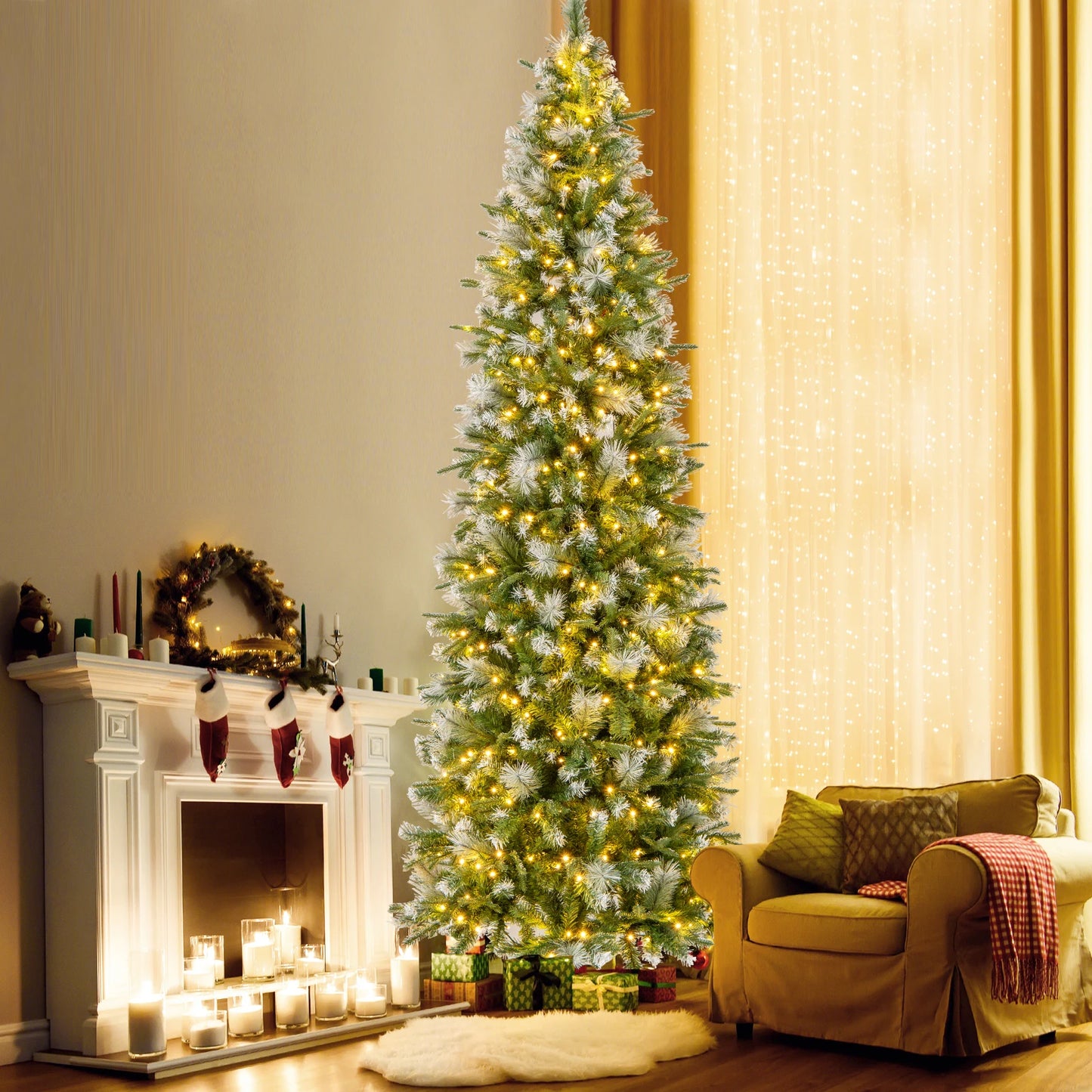 6FT–9FT Pre-Lit Pencil Artificial Christmas Tree Slim Hinged Holiday Tree with Warm LED Lights