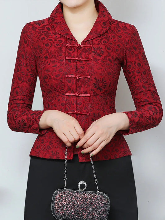 Autumn Winter Velvet Lace Floral Cheongsam Top Jacket Women
