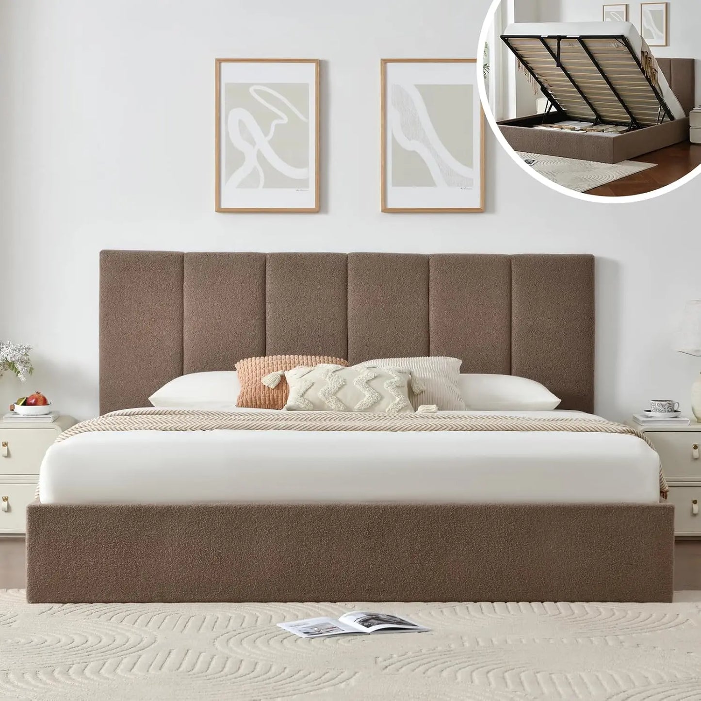 King Size Upholstered Lift-Up Storage Bed with Headboard