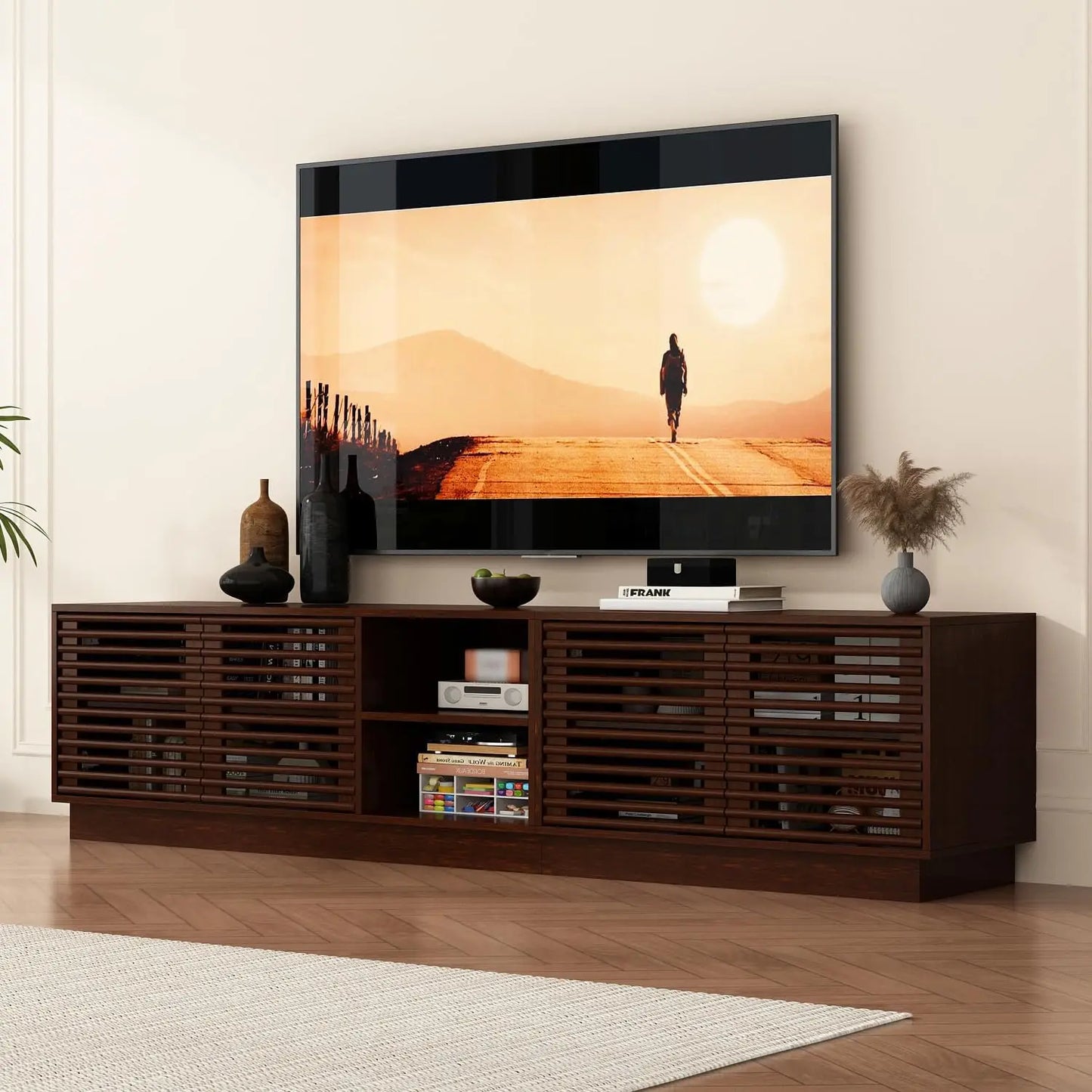 Farmhouse TV Stand for 100" TV, 94.5" Entertainment Center with Storage Drawers, Barn Doors and Cable Management, Media