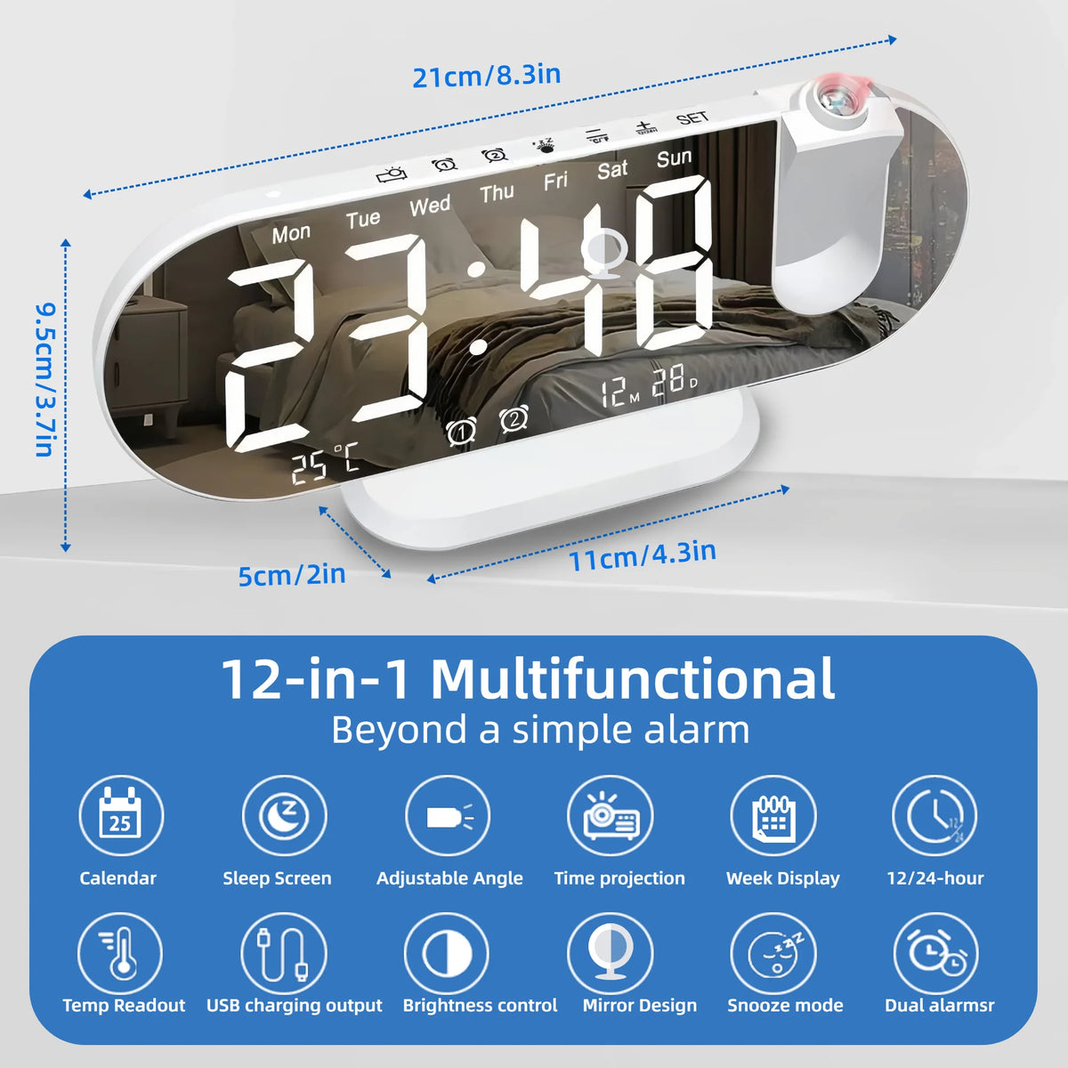 Digital Projection Alarm Clock – 8.8-Inch LED Display for Bedroom