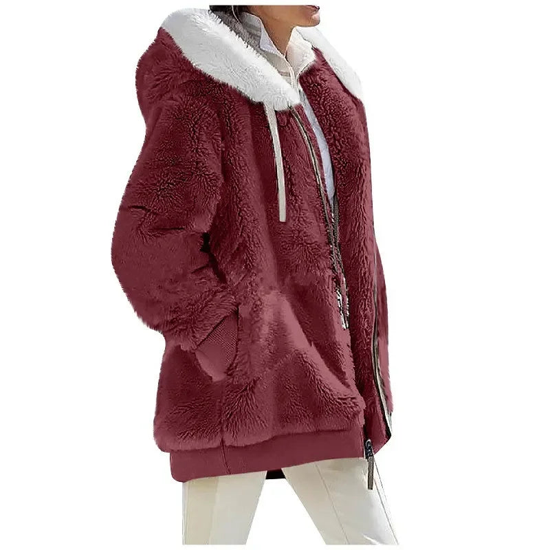 Women's Casual Hooded Winter Coat – Long Sleeve Fleece-Lined Zip-Up Jacket