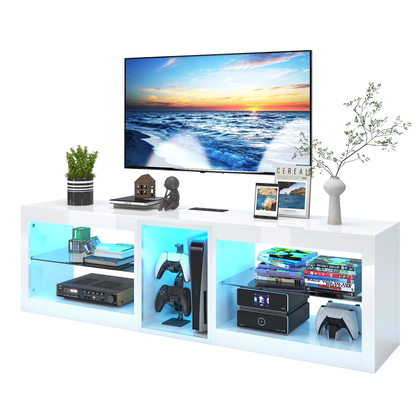 63" LED TV Stand for Televisions up to 70In, TV Cabinet with Adjustable Glass Storage Shelves, Modern LED Entertainment Center
