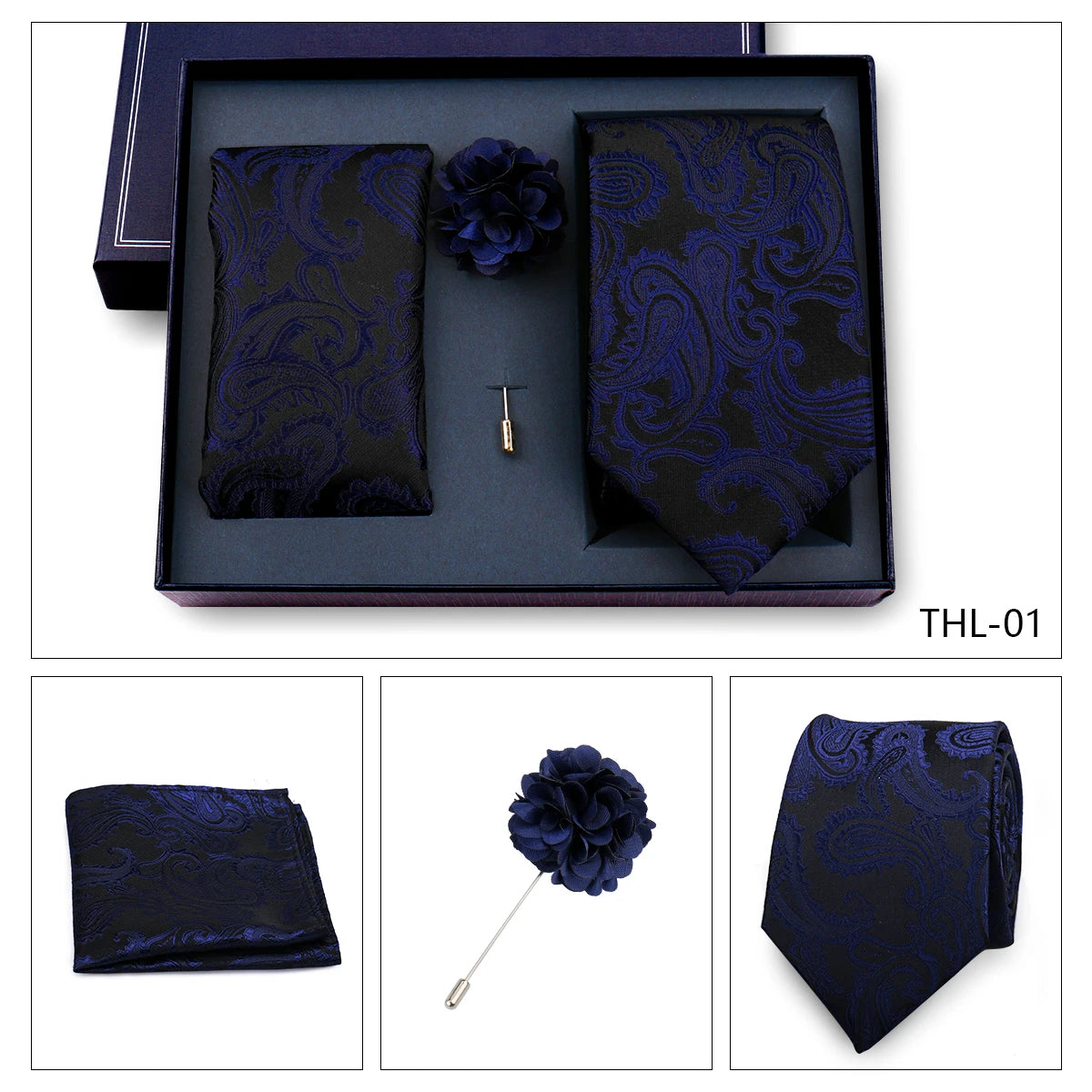 Luxury Men’s Paisley Necktie Gift Set. Silk Tie, Pocket Square, Cufflinks & Gift Box for Weddings & Business