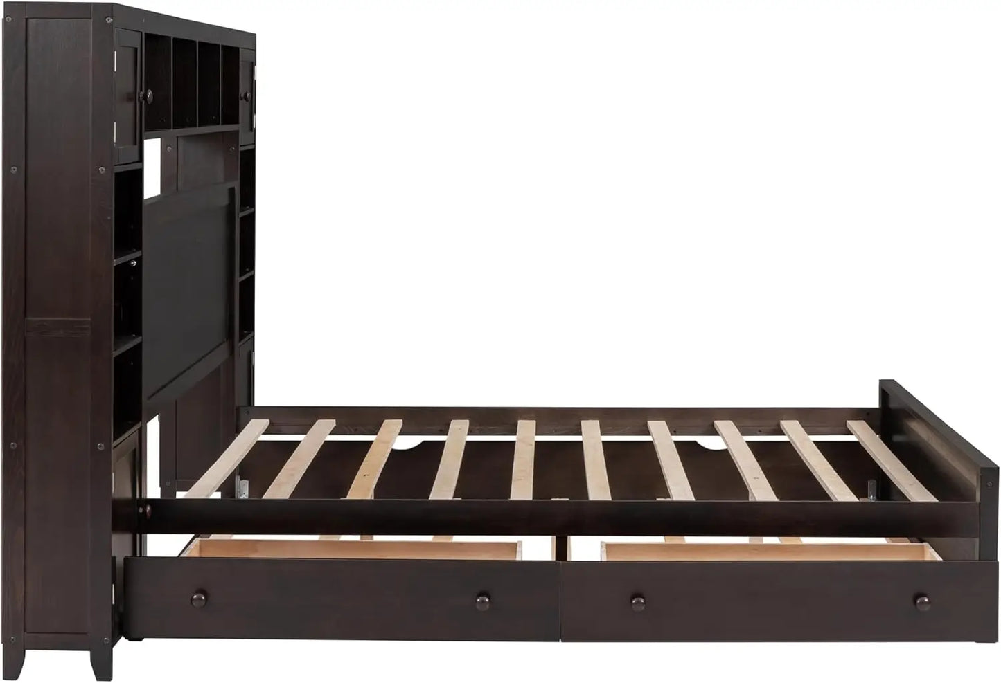 Storage Bed with Bookcase Headboard Platform Bed with Trundle and 2 Storage Drawers Solid Wood Bed Frame with Cabinet and Shelf