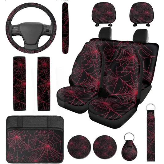 Red Spider Web Car Seat Covers with Steering Wheel Cover Armrest Cushion Seat Belt Covers Cup Holder with Keychain Automotive P