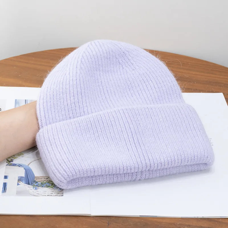 Warm Cashmere Wool Beanie For Women Rabbit Fur Threefold Cap