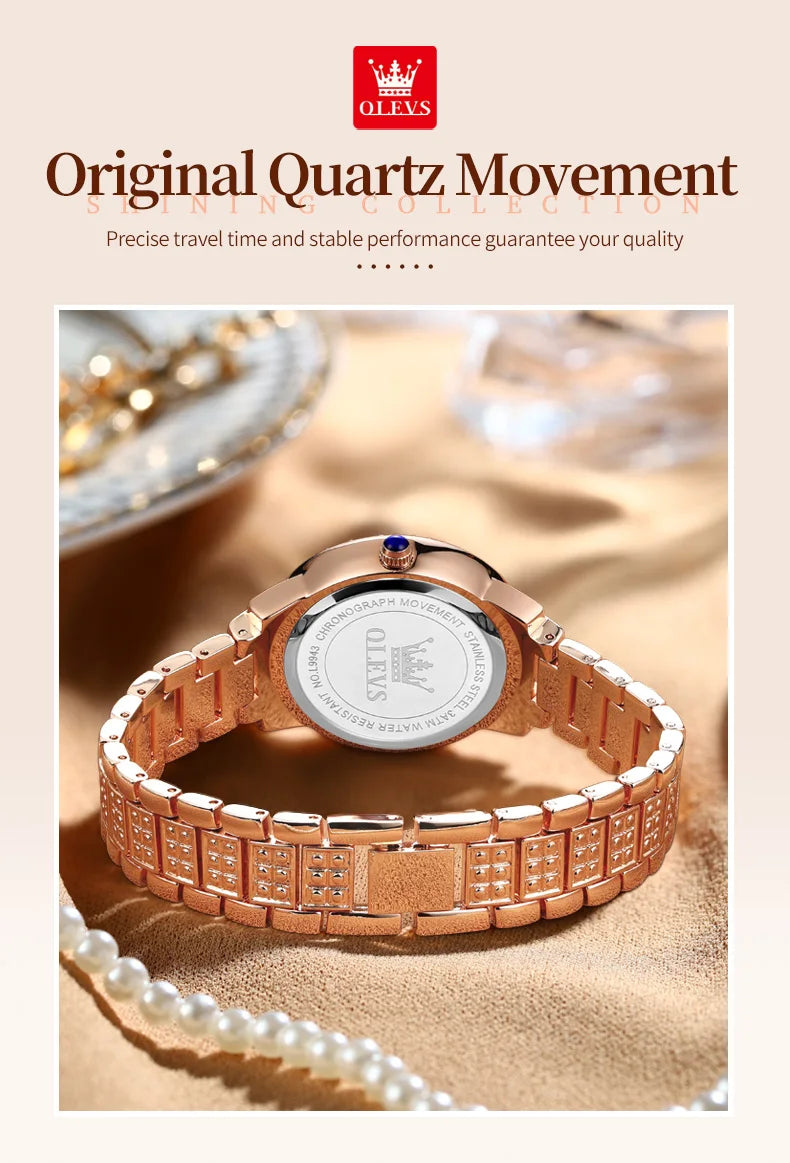 OLEVS Luxury Women’s Waterproof Chronograph Watch. Rose Gold Crystal Fashion Timepiece