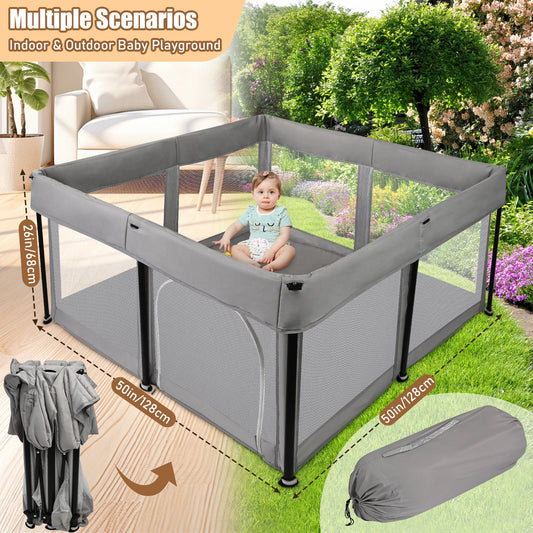 Foldable Baby Playpen with Mat - 50 x 50 Inch, Portable Sturdy Safe Baby Fence with Visible Breathable Mesh, Zipper Door, Storag