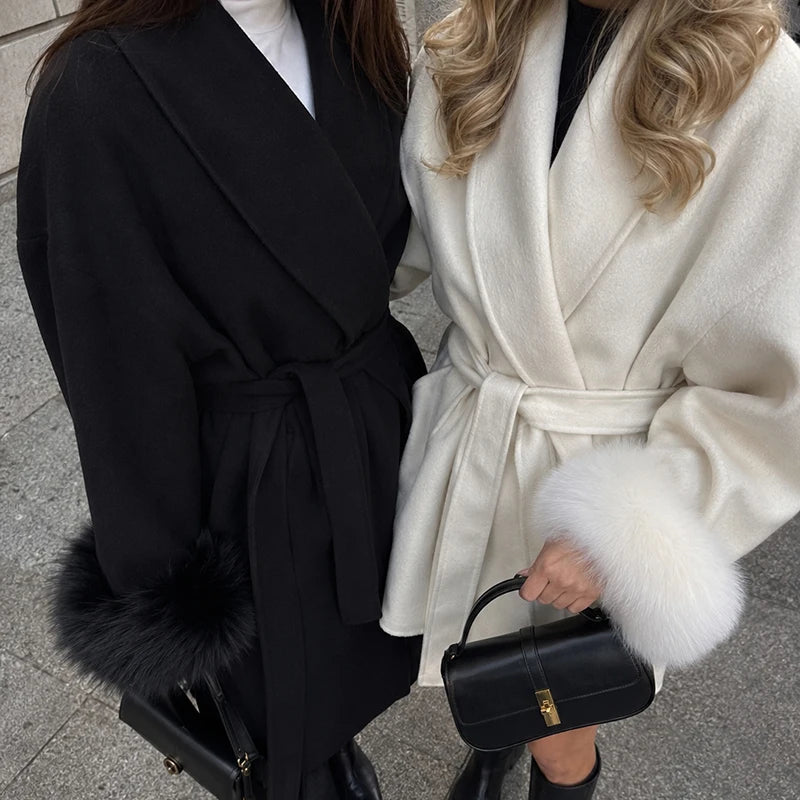 Women's Short Faux Fur Coat – Elegant Belted Winter Jacket with Shawl Collar