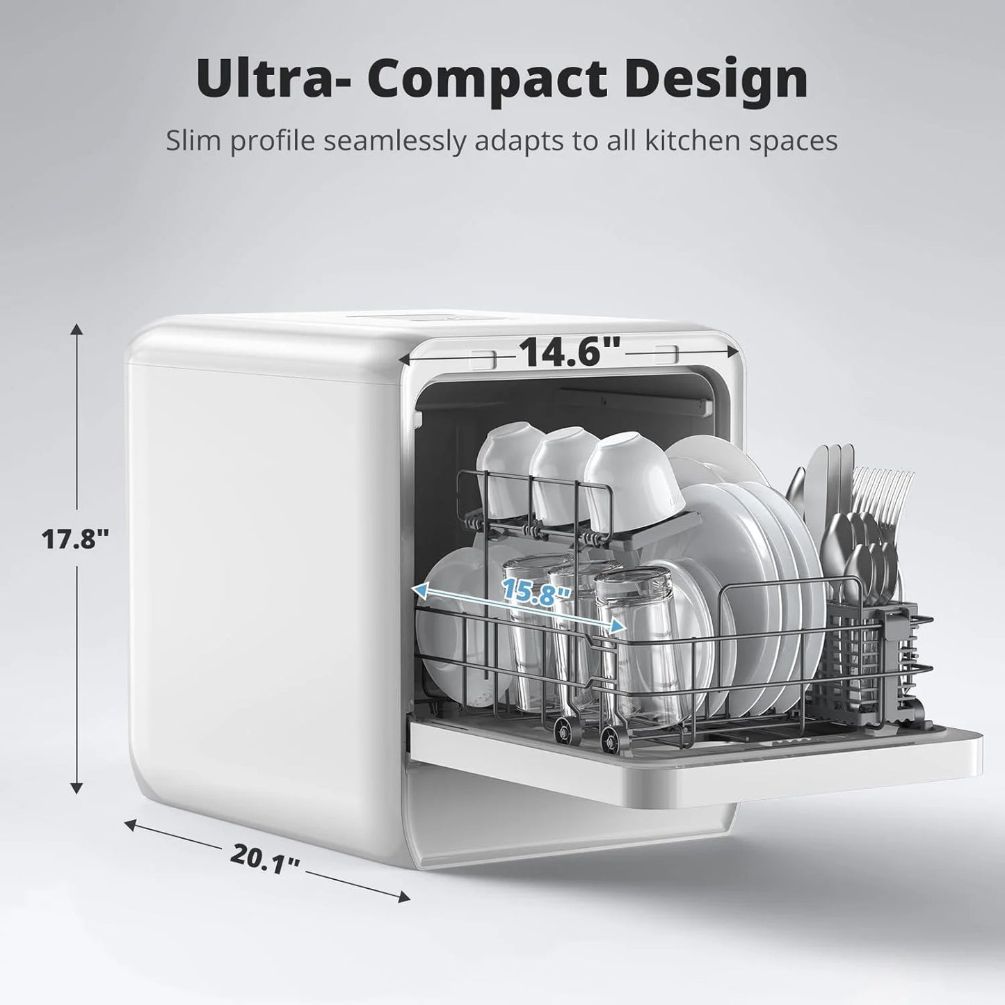 Portable countertop dishwasher with 5-liter tank features 14.6-inch ultra-narrow design, 9 programs, 24-hour delayed start