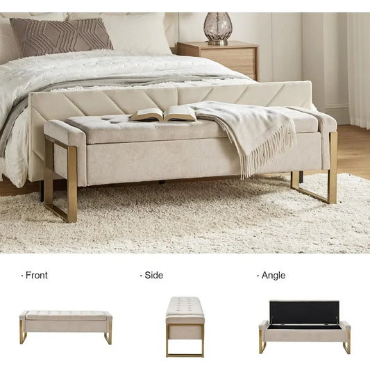Modern Storage Ottoman Bedroom Bench, End of Bed Bench with Gold Metal Legs, Upholstered Footrest Stool for Living, Dining Room