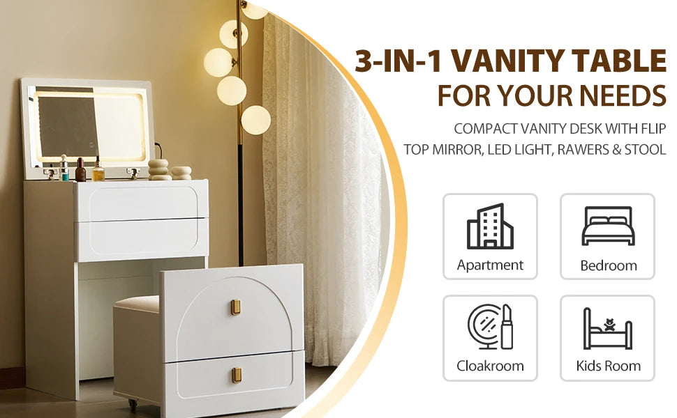 3-in-1 Dresser with Flip-Up Mirror and Light, Small Dresser Set with Visible Glass Tabletop, 3 Drawers, Storage Bench, 3-Color I