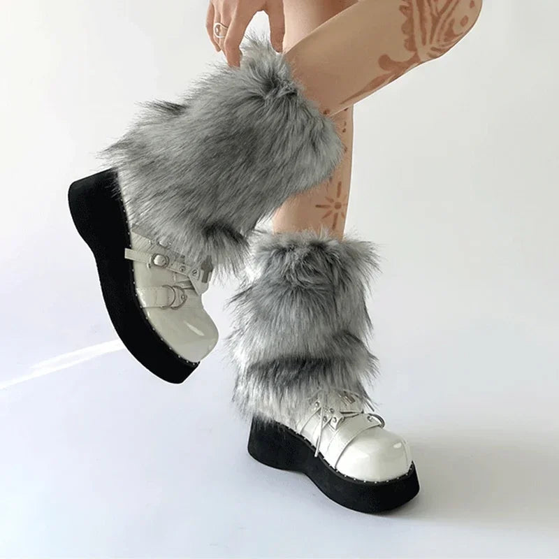 Y2k Vintage Faux Fur Leg Warmers Hot Girl Harajuku Winter Warm Furry Boots Cover Socks Jk Punk Hiphop Cosplay Accessories