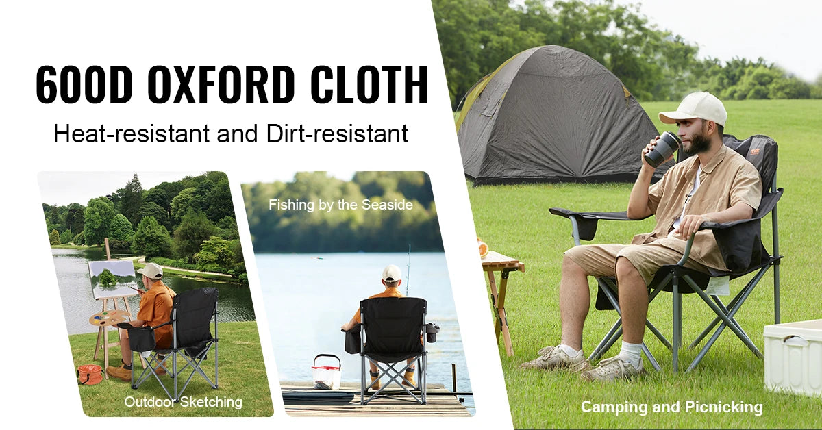 SucceBuy Camping Folding Chair for Adults Portable Quad Lumbar Back Padded Arm Chairs with Side Pockets for Beach, Lawn, Picnic