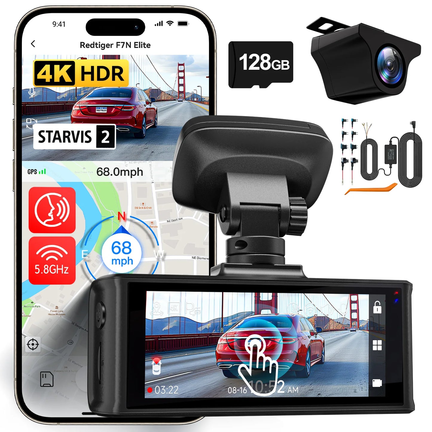 REDTIGER F7N ELITE STARVIS 2 Sensor 4K HDR Dash Cam Front and Rear 5.8GHz WiFi APP car camera WDR car dvr for 24H Parking Mode(