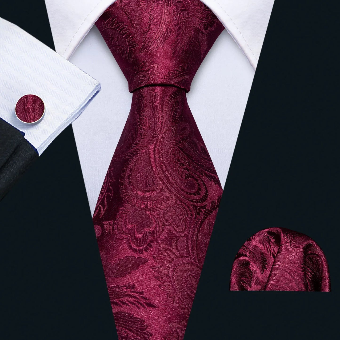 Men’s Luxury Red Striped Necktie Set. Silk Tie, Pocket Square & Cufflinks for Business, Wedding & Formal Wear