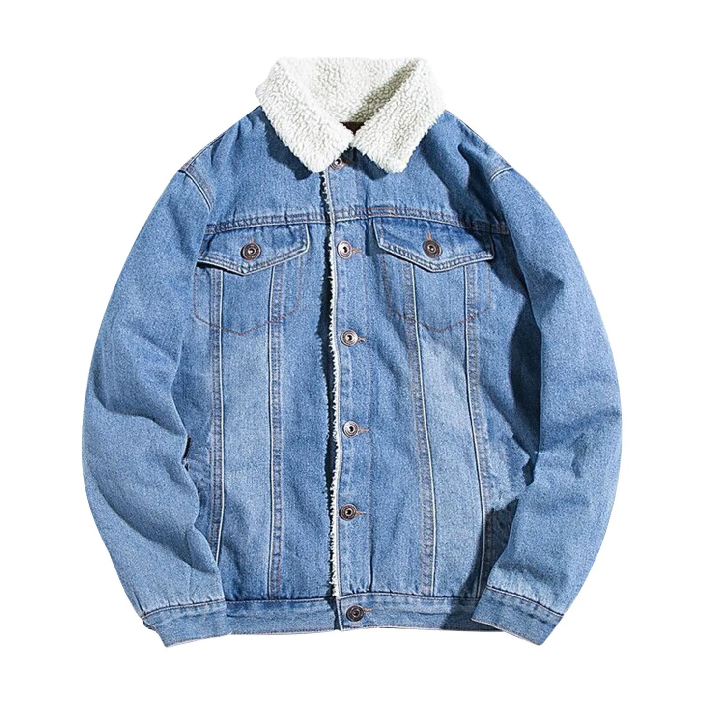 Vintage Sherpa Lined Men’s Trucker Jacket . Warm Casual Denim Coat for Everyday Comfort