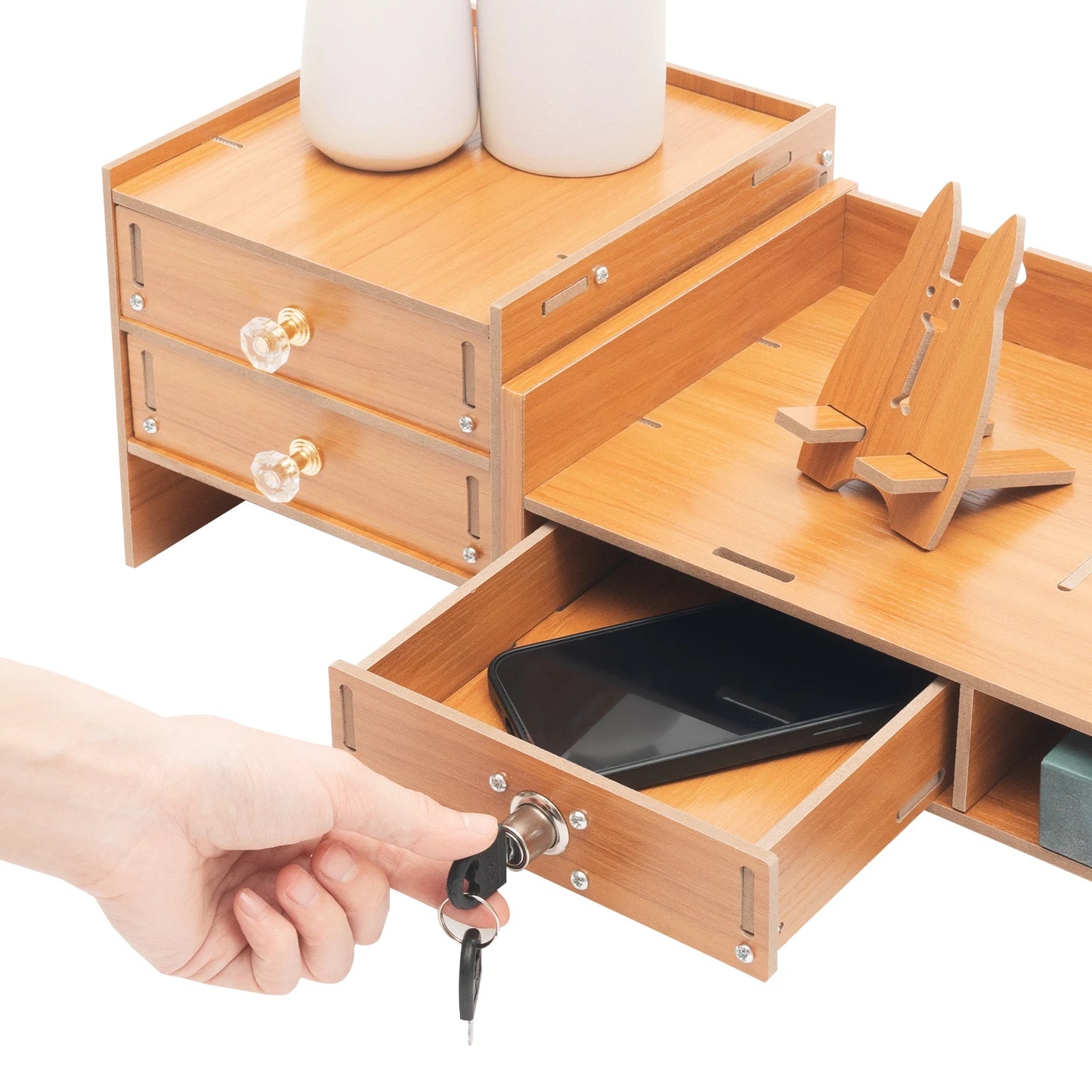 Computer Monitor Stand with Storage Drawers, Wooden Desktop Monitor Riser & Laptop Stand Organizer for Home Office