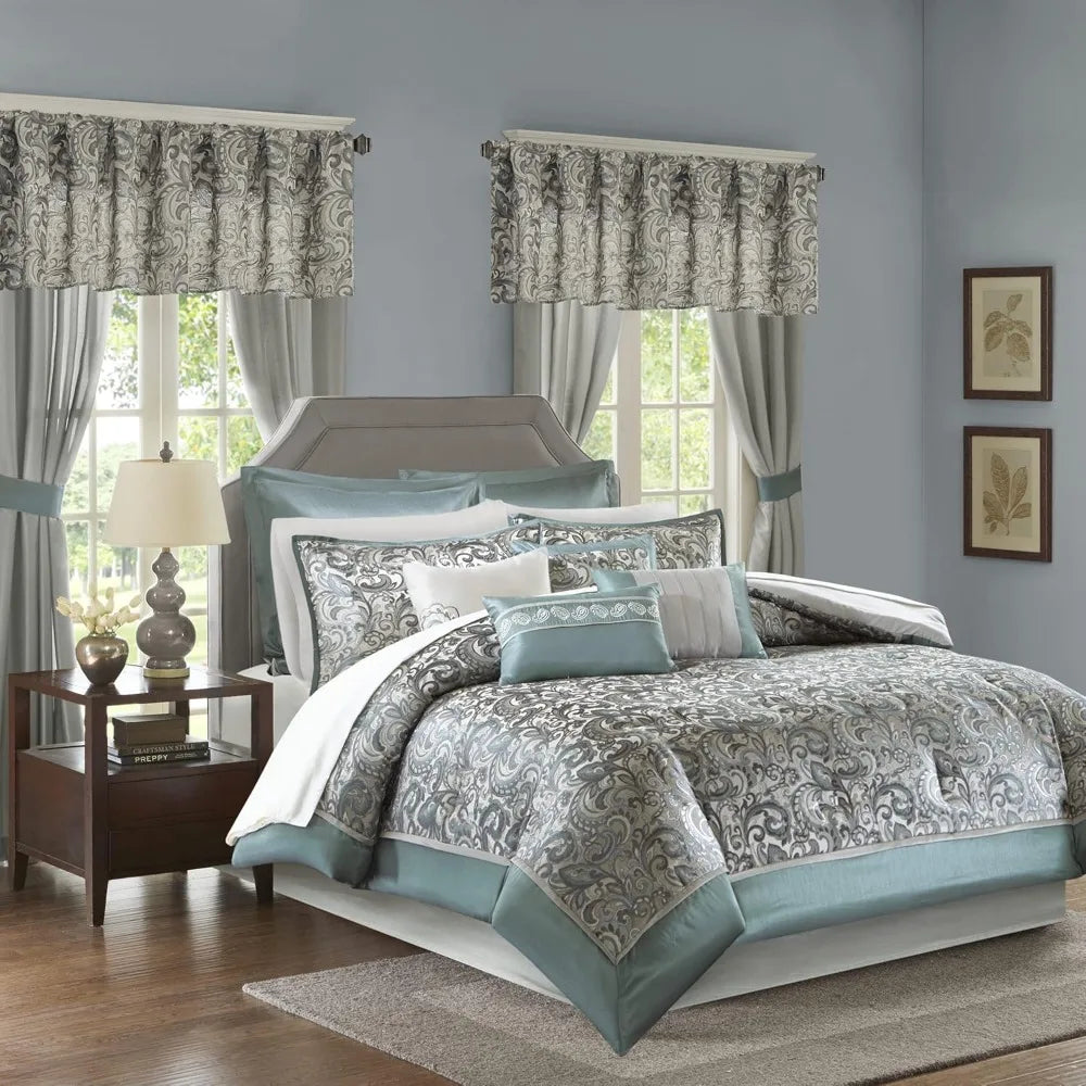 Popular 24 Piece Faux Silk Paisley Queen Comforter Set with Matching Curtains, Down Alternative Hypoallergenic