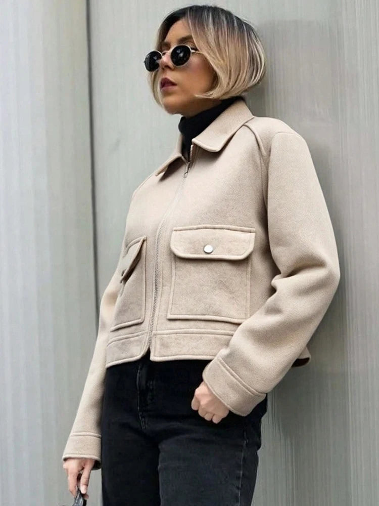 Women's Corduroy Zip-Up Jacket – Casual Long Sleeve Winter Coat with Stand Collar